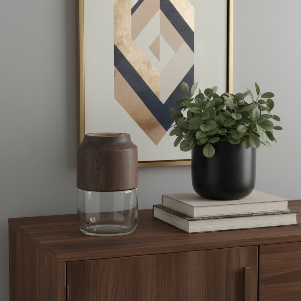 9" Brown And Clear Glass Round Table Vase With Wood