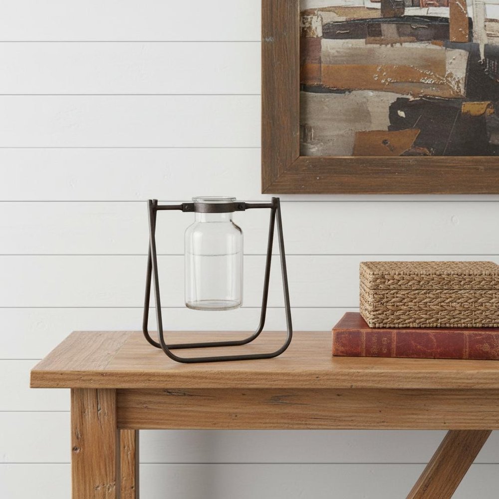 Set of Two Brown And Clear Round Metal Table Vase