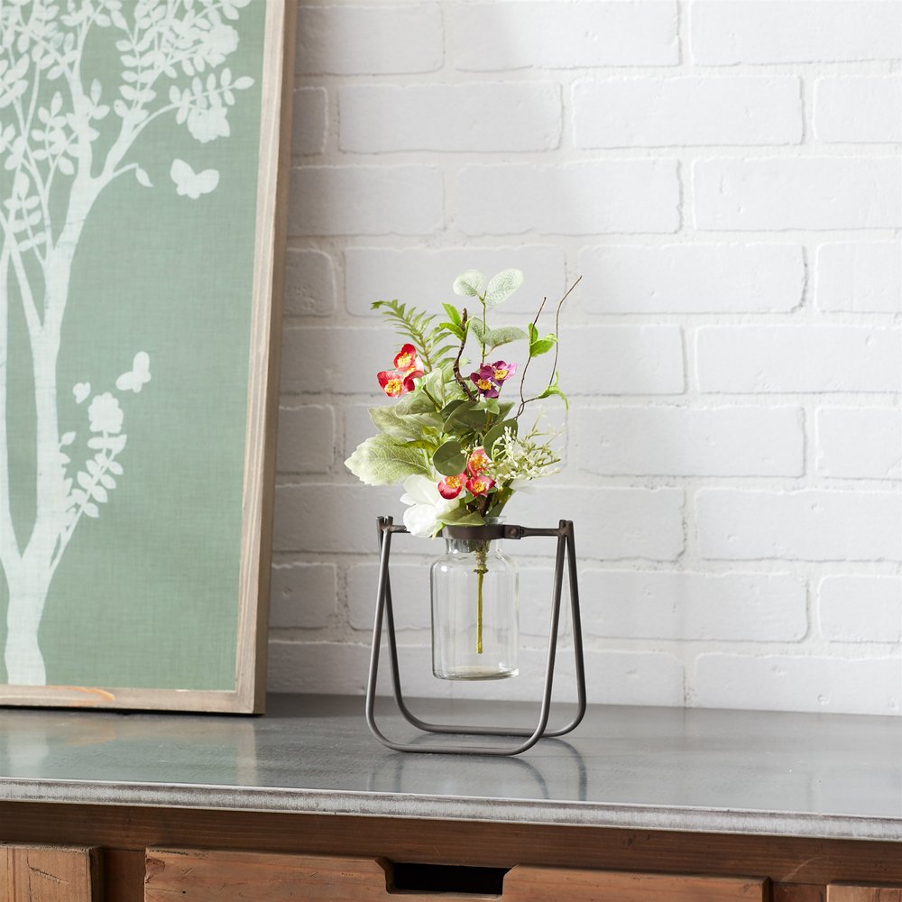 Set of Two Brown And Clear Round Metal Table Vase