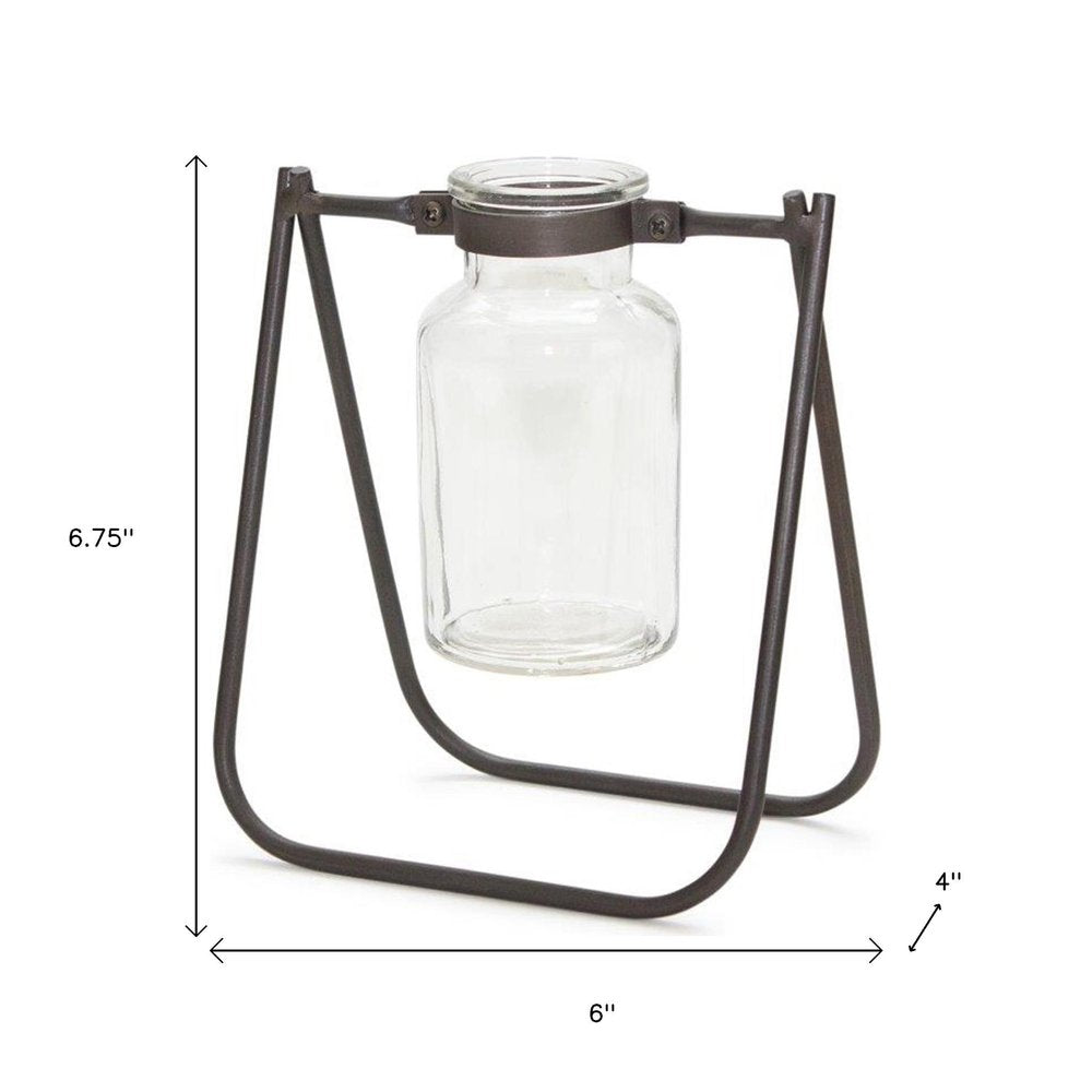 Set of Two Brown And Clear Metal Round Table Vases