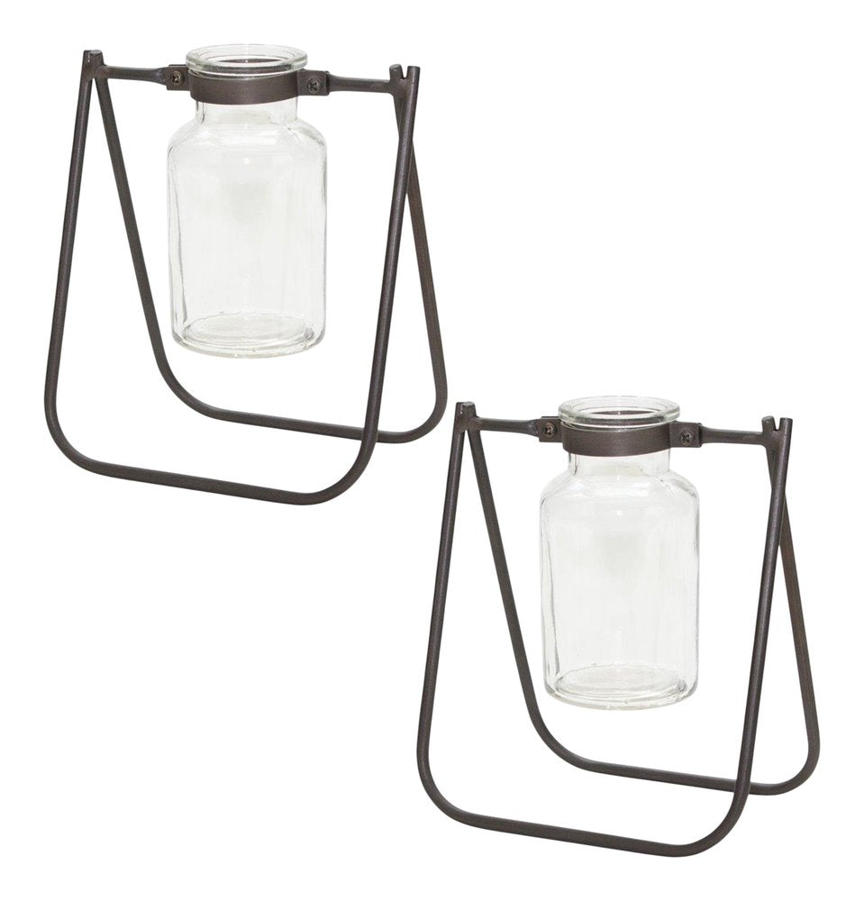 Set of Two Brown And Clear Round Metal Table Vase