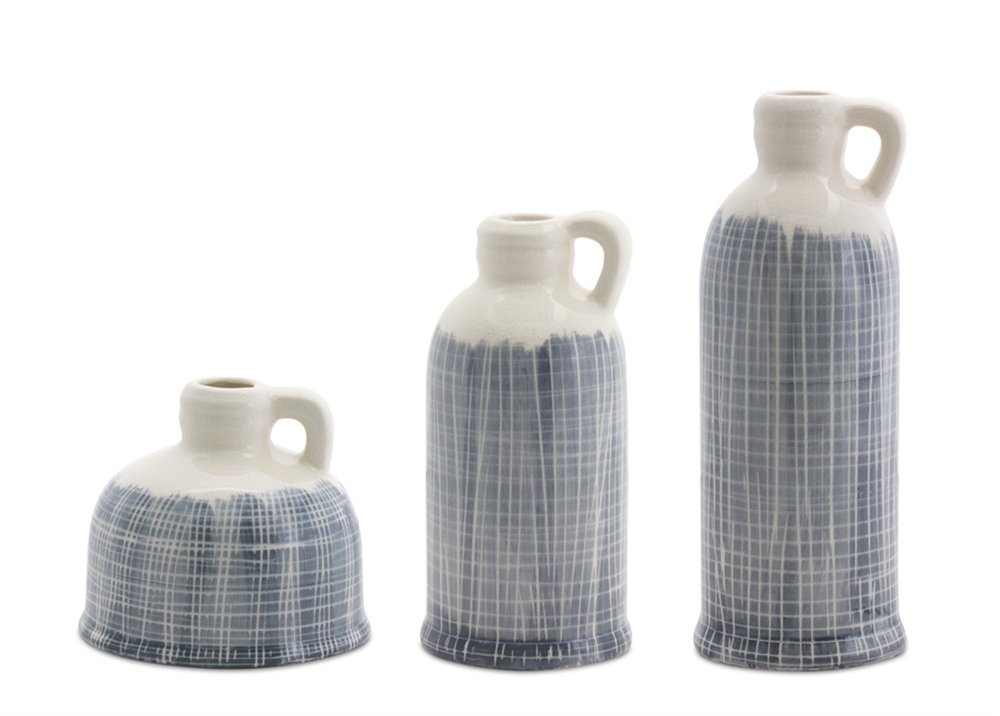 Set of Three Blue And White Checkered Round Clay Table Vase