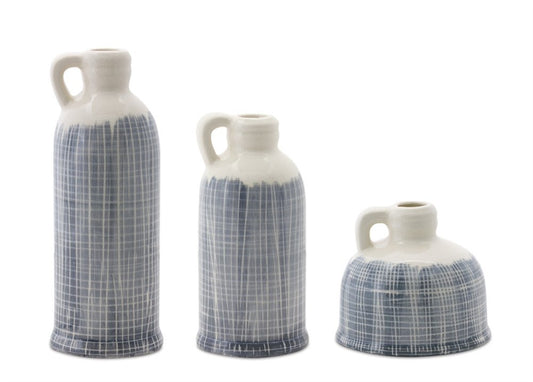 Set of Three Off White And Blue Clay Checkered Jug Vases