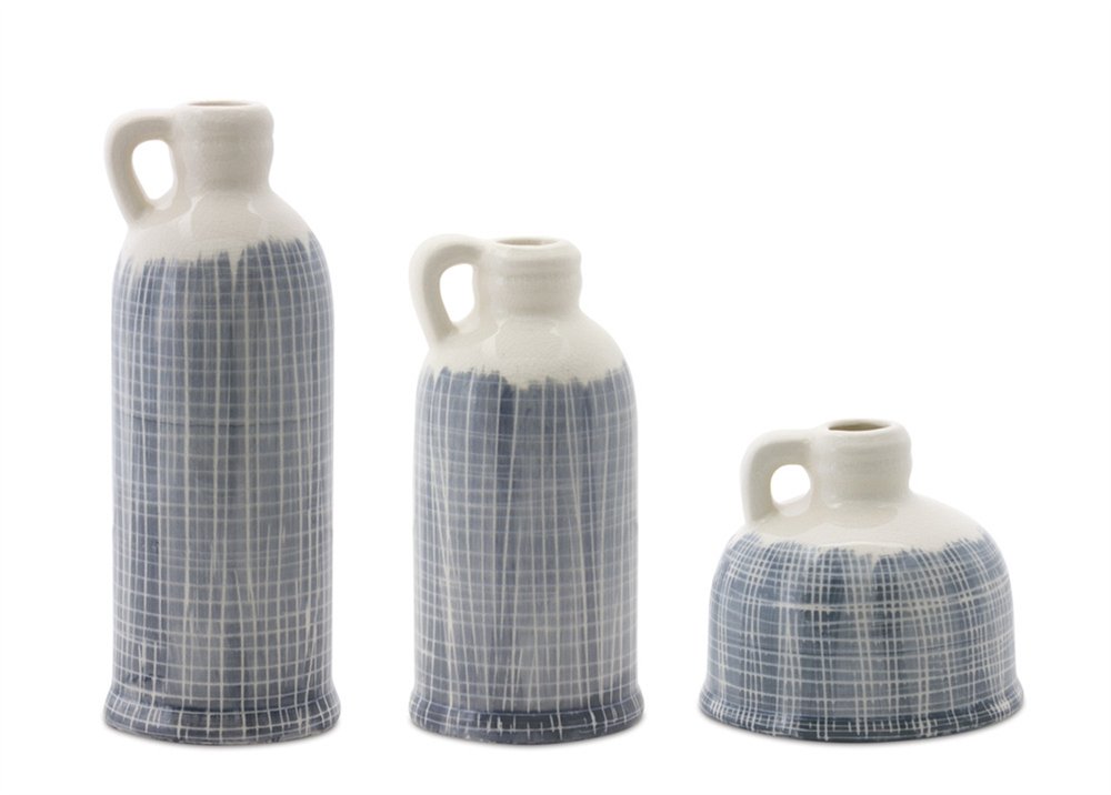 Set of Three Blue And White Checkered Round Clay Table Vase