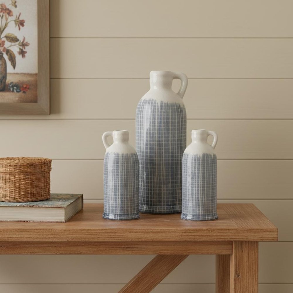 Set of Three Blue And White Checkered Round Clay Table Vase