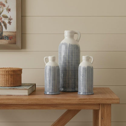 Set of Three Blue And White Checkered Round Clay Table Vase