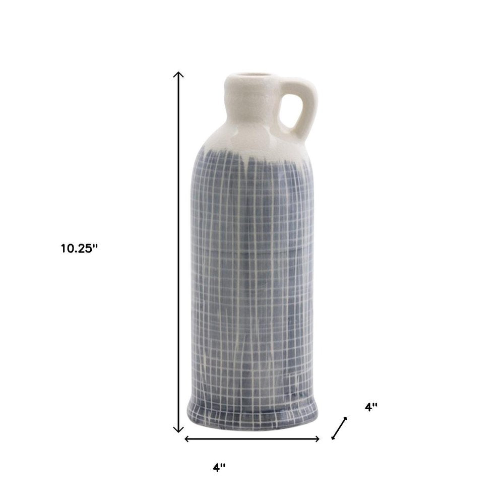 Set of Three Blue And White Checkered Round Clay Table Vase