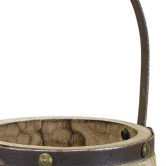 Set of Two Natural Wood And Steel Bucket Pot Planters