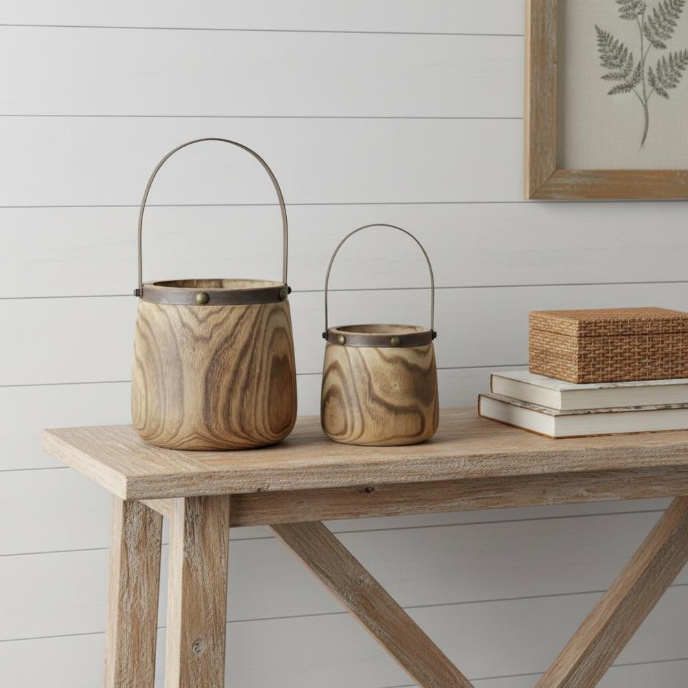 Set of Two Brown Round Wood Table Vase