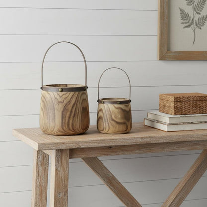 Set of Two Brown Round Wood Table Vase