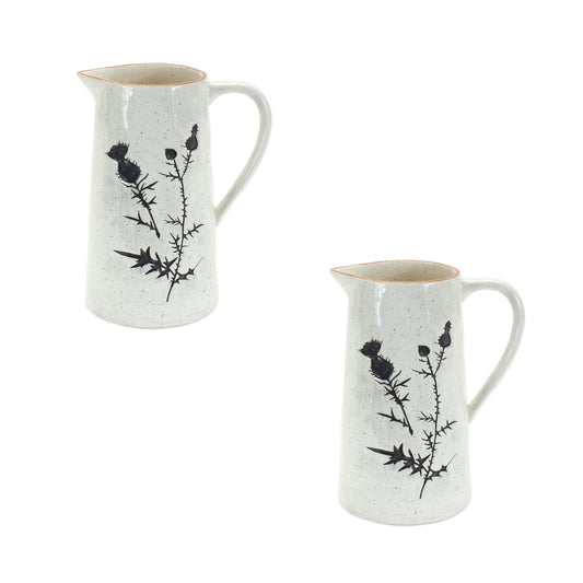Set of Two Black And Off White Floral Ceramic Cylinder Pitcher Vase