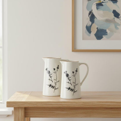 Set of Two White And Black Floral Round Ceramic Jar