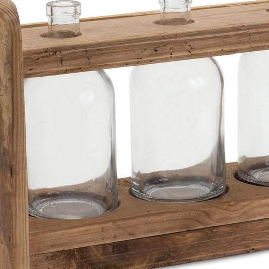 10" Clear And Brown Glass And Wood Three Bottle Table Vase