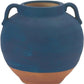 7" Blue And Terra Cotta Ceramic Round Urn