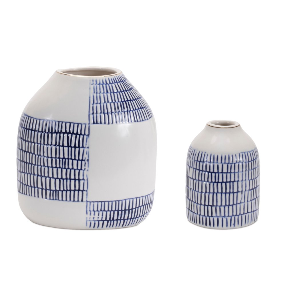 Set of Two White And Blue Checkered Round Ceramic Table Vase