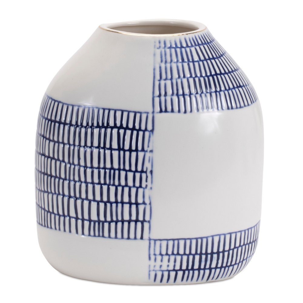 Set of Two White And Blue Checkered Ceramic Round Table Vases