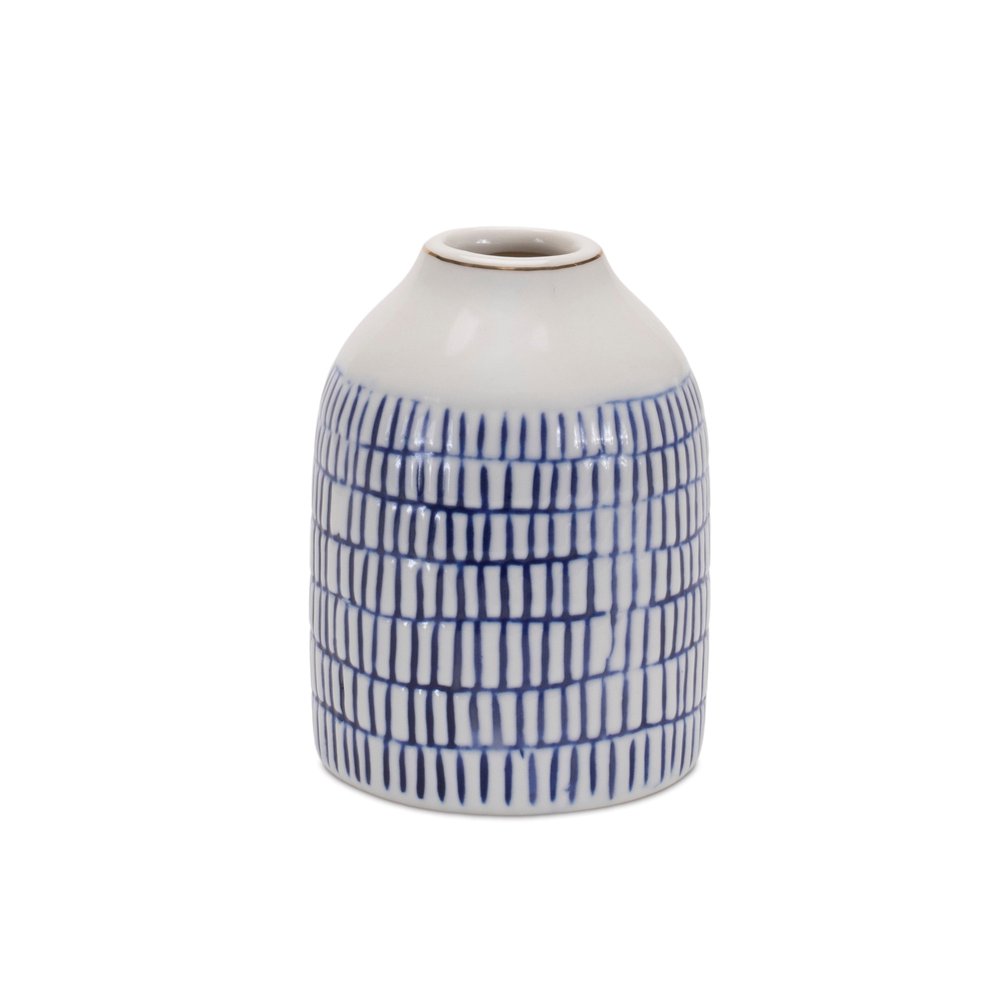 Set of Two White And Blue Checkered Round Ceramic Table Vase