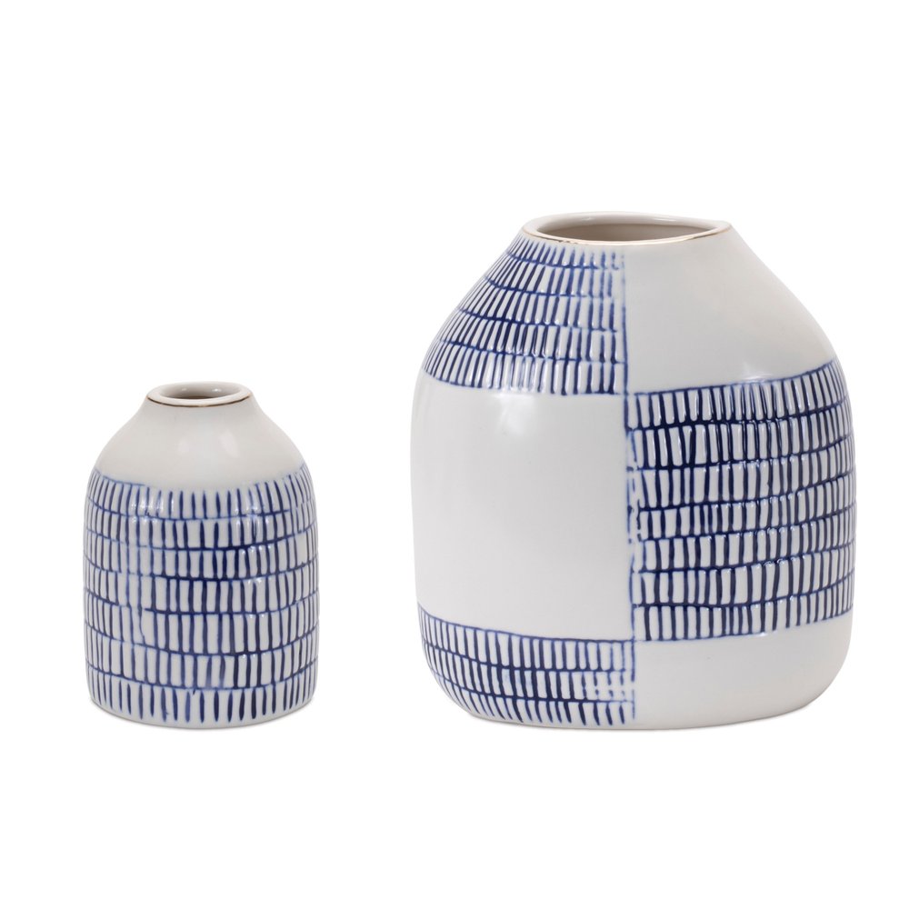Set of Two White And Blue Checkered Round Ceramic Table Vase