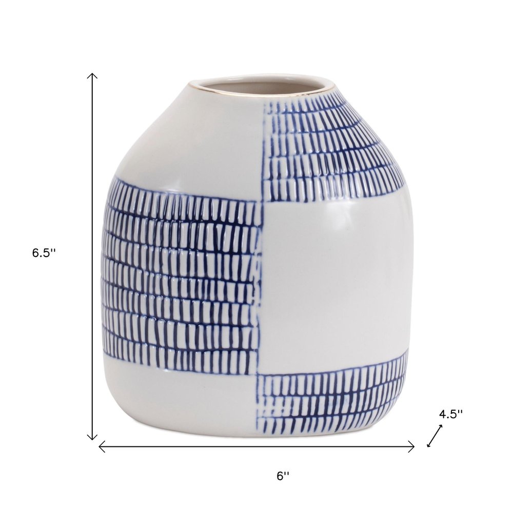 Set of Two White And Blue Checkered Ceramic Round Table Vases