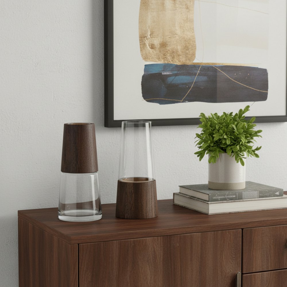 Set of Two Brown And Clear Glass Tapered Table Vases With Wood
