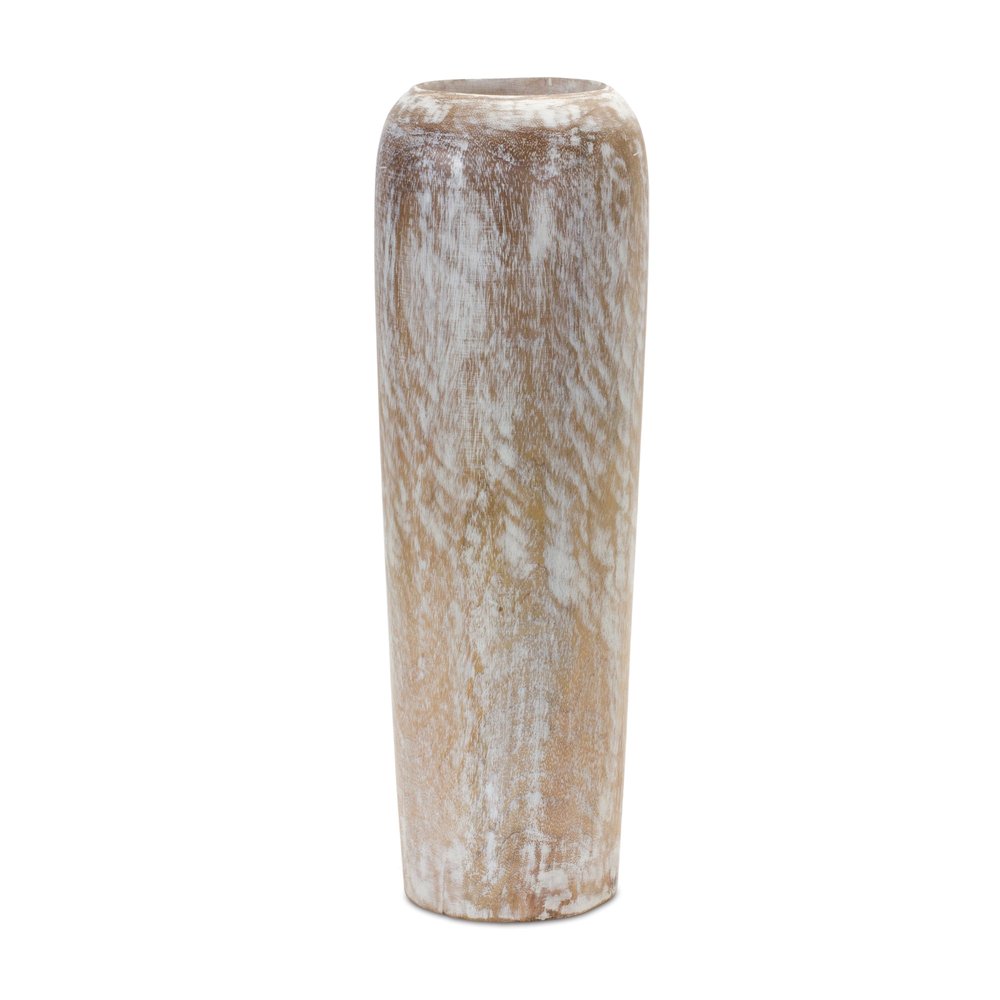 18" Brown And White Solid Wood Cylinder Floor Vase