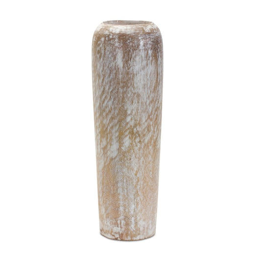 18" White And Brown Round Wood Floor Vase