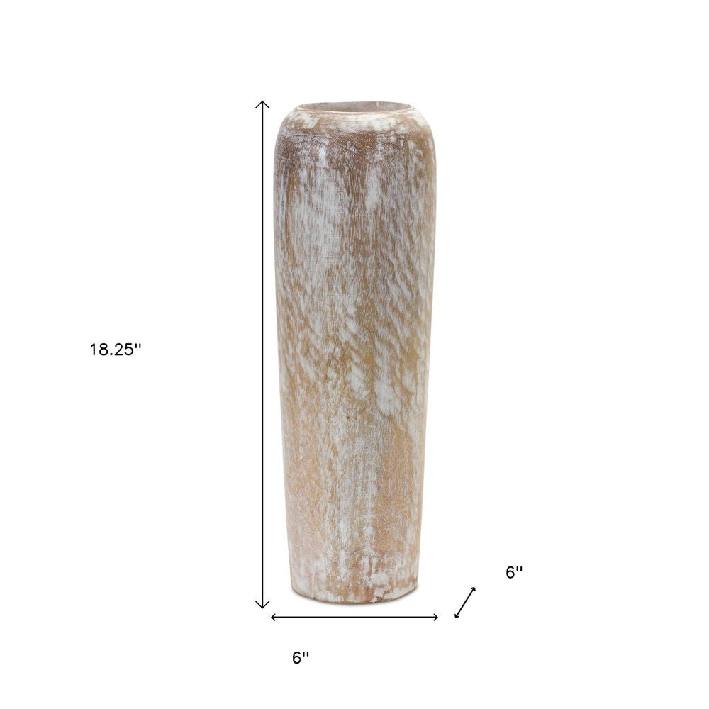 18" Brown And White Solid Wood Cylinder Floor Vase