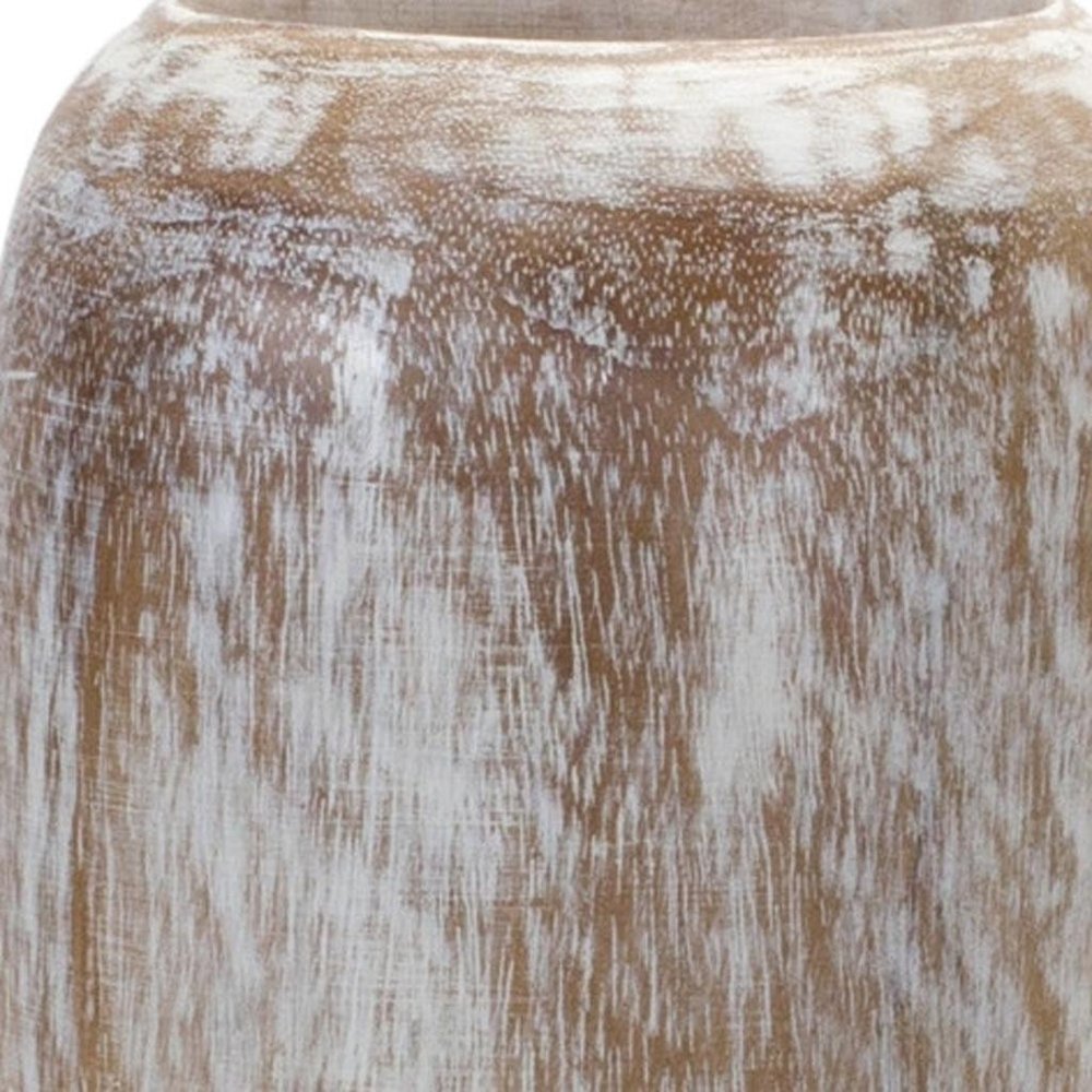 18" Brown And White Solid Wood Cylinder Floor Vase