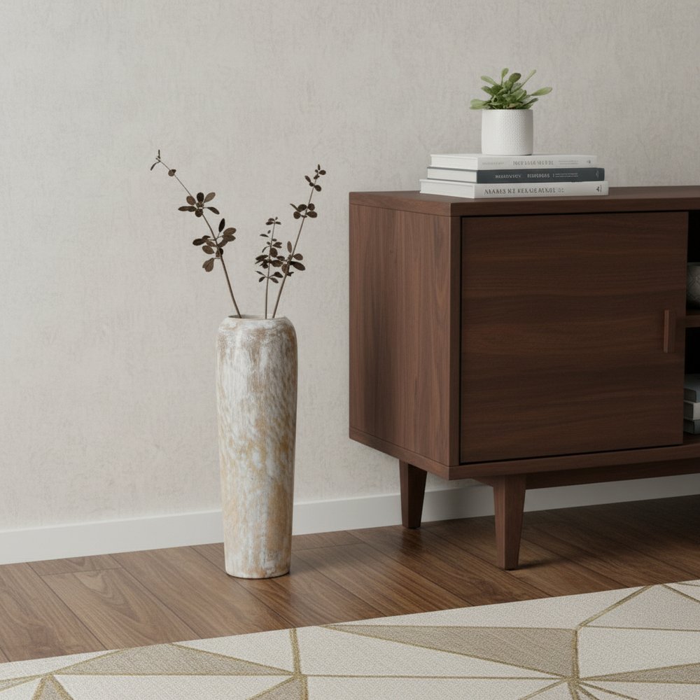 18" Brown And White Solid Wood Cylinder Floor Vase