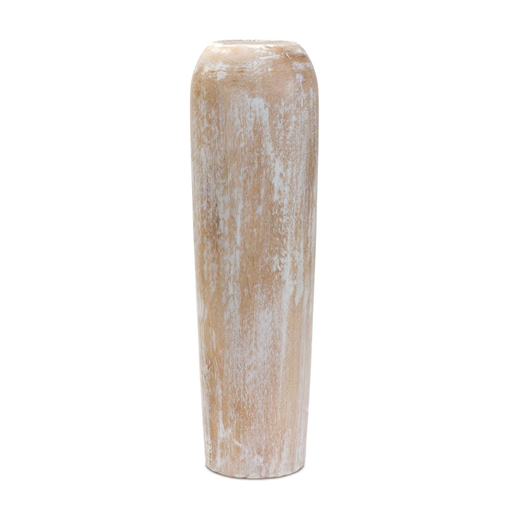 24" Brown And White Round Wood Floor Vase