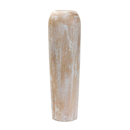 24" Brown And White Round Wood Floor Vase