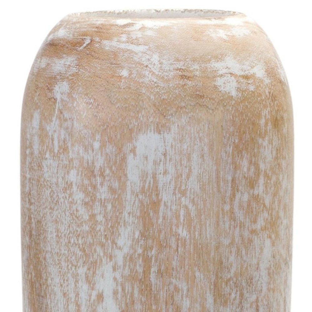 24" Brown And White Round Wood Floor Vase
