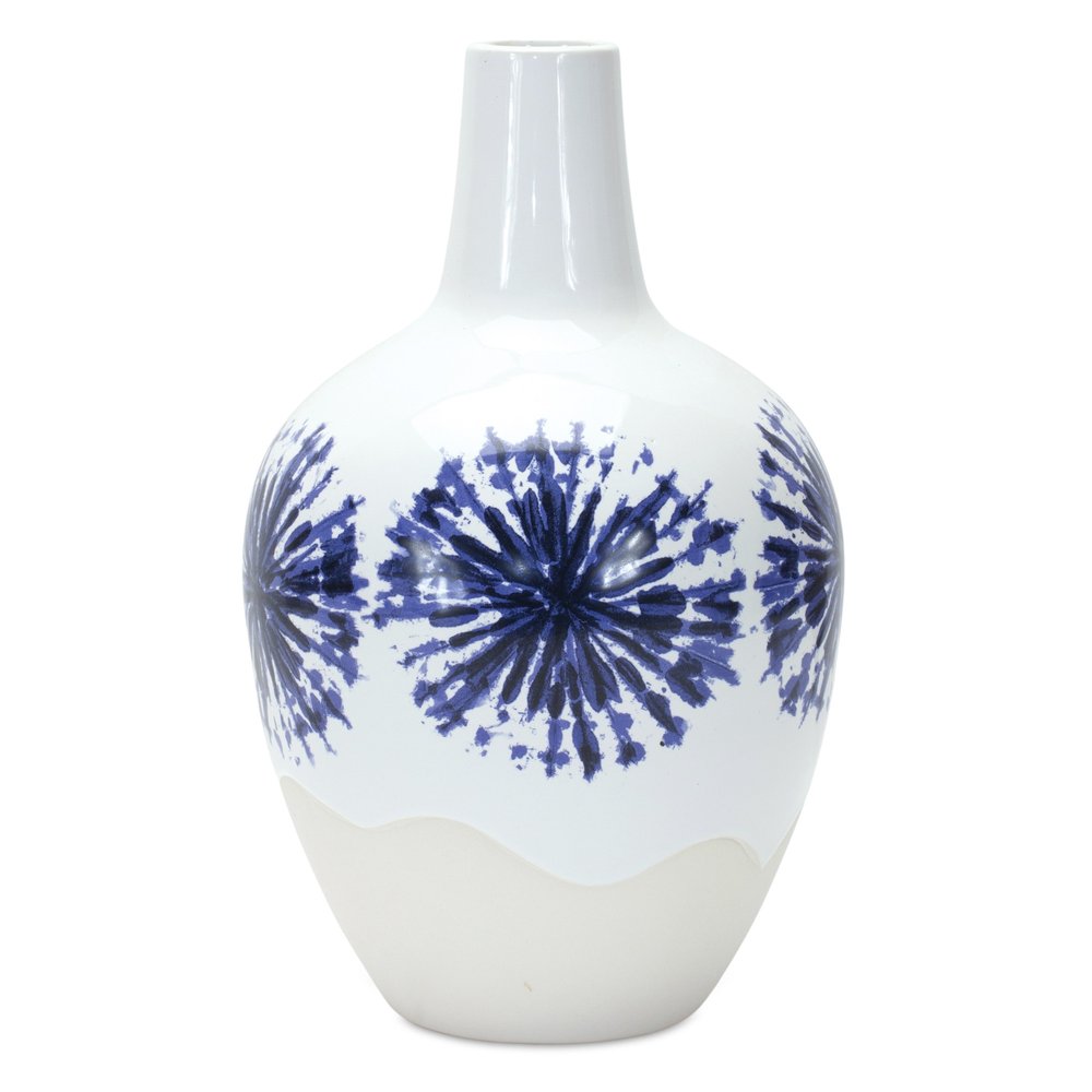 11" White And Blue Round Ceramic Urn