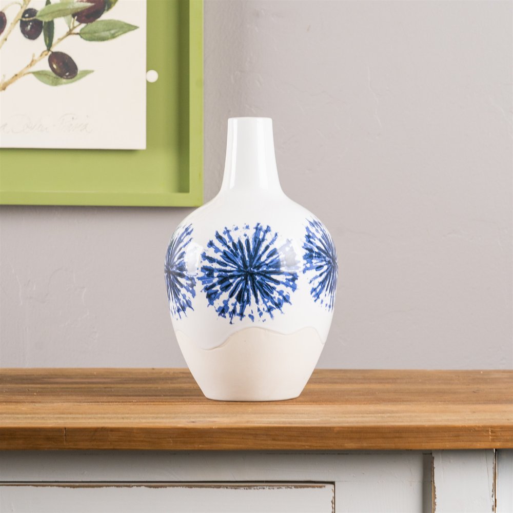 11" White And Blue Ceramic Round Urn