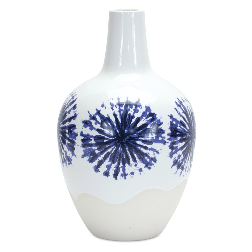 11" White And Blue Round Ceramic Urn