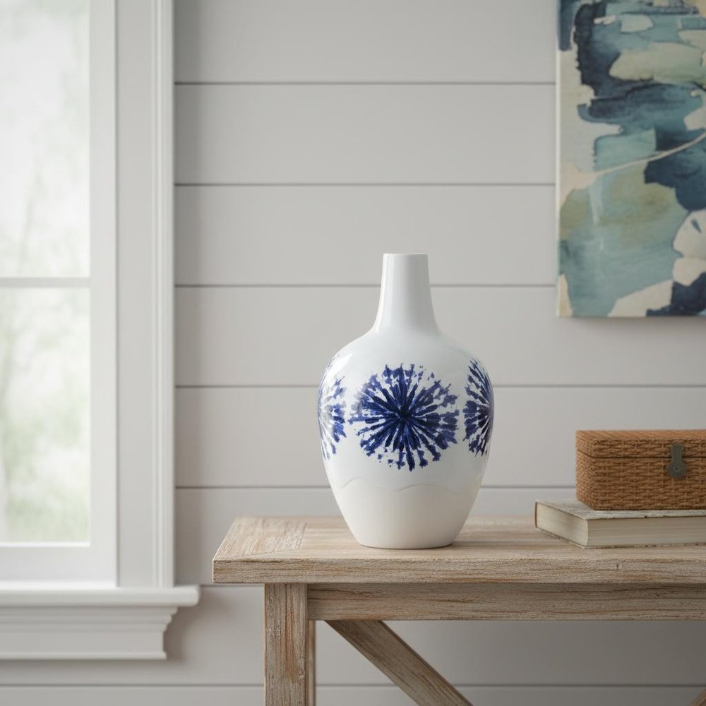 11" White And Blue Round Ceramic Urn