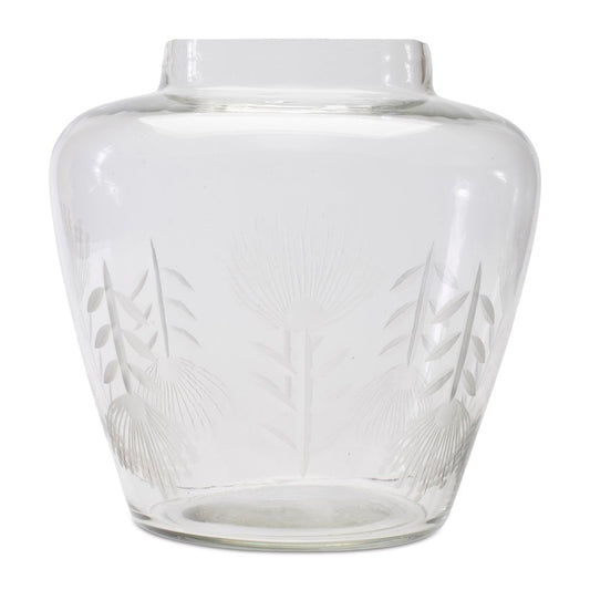 7" Clear Etched Leaf Glass Urn Table Vase