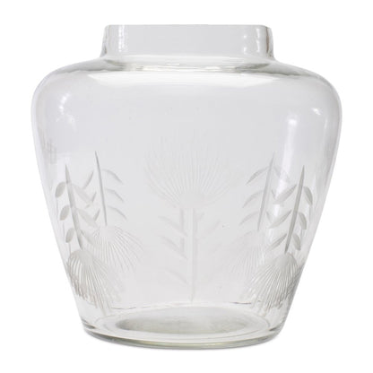7" Clear Etched Leaf Glass Urn Table Vase