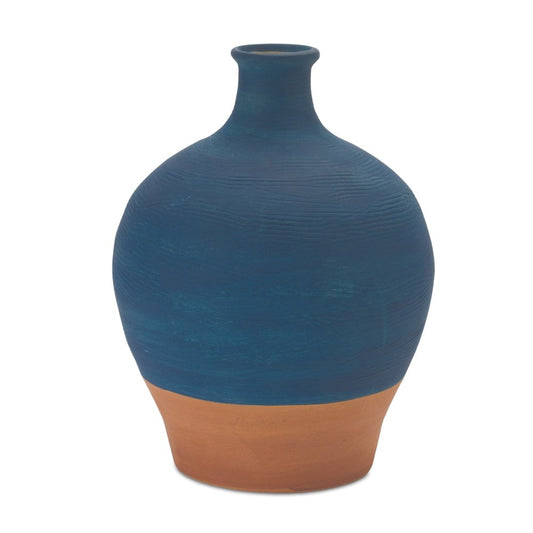 9" Blue And Terra Cotta Ceramic Round Urn