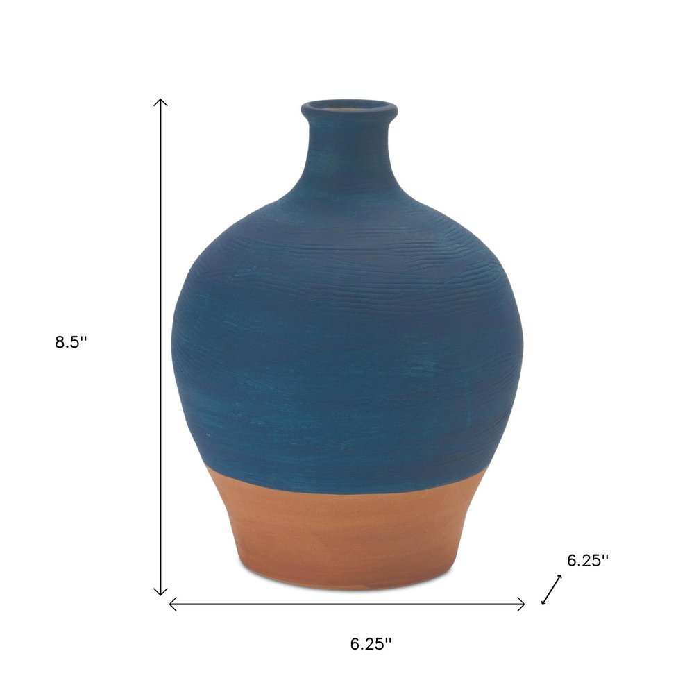 9" Blue And Terra Cotta Ceramic Round Urn