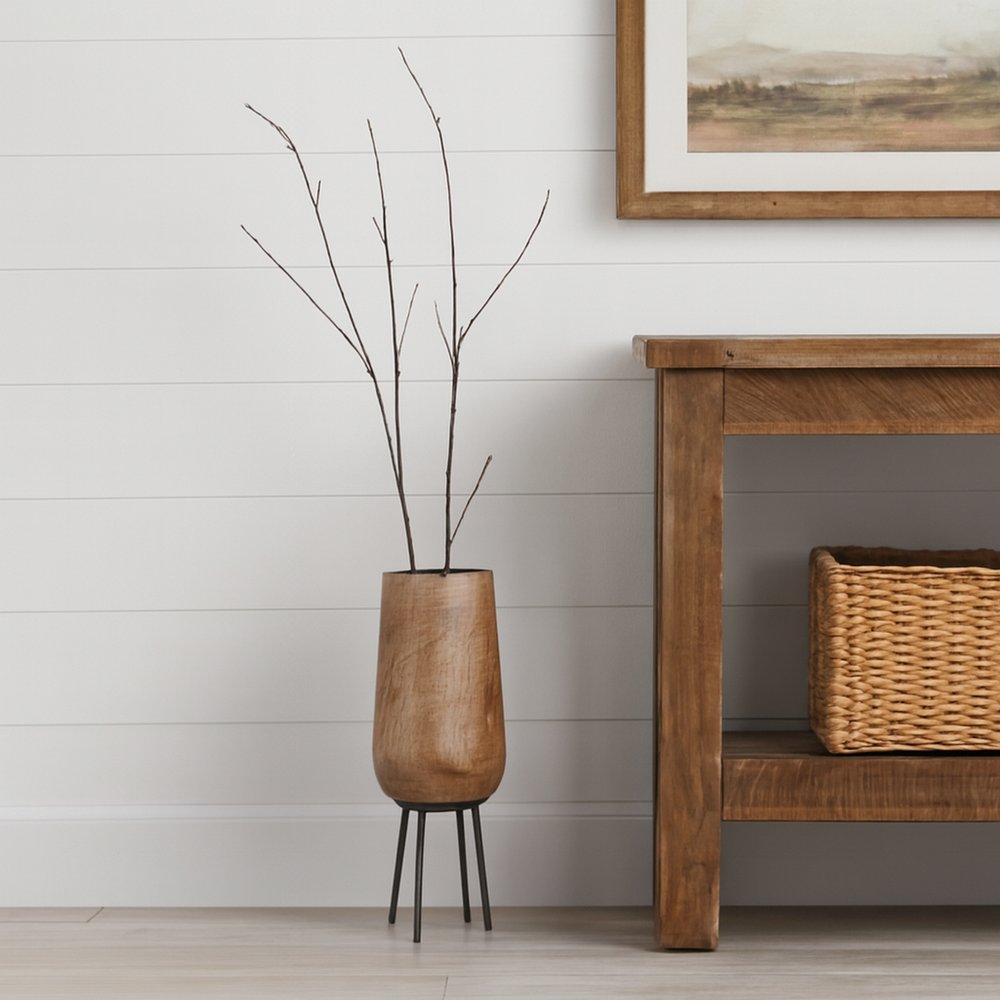 15" Natural Wood Cylinder Floor Vase