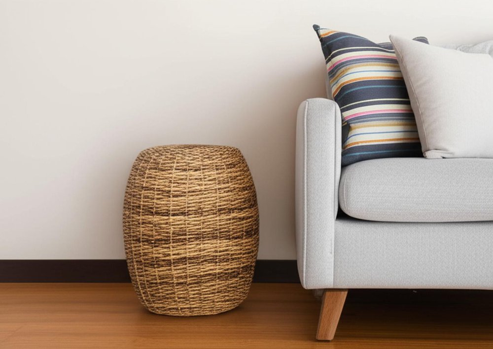 20" Natural Rattan Round Drum End Table