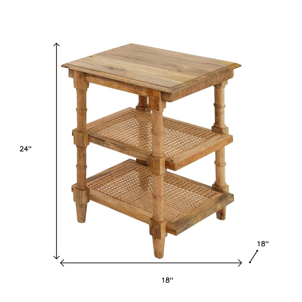24" Natural Solid Wood End Table With Two Shelves