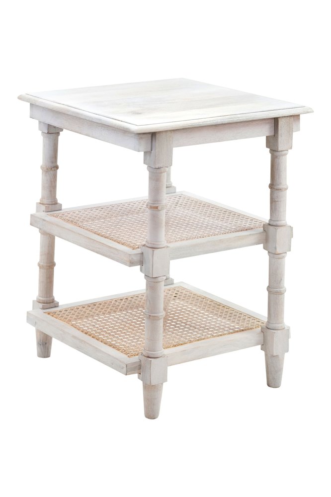 24" Antiqued White Solid Wood End Table With Two Shelves