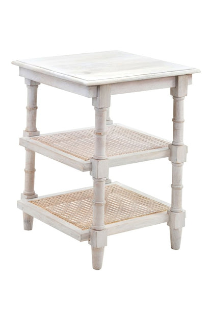 24" Antiqued White Solid Wood End Table With Two Shelves