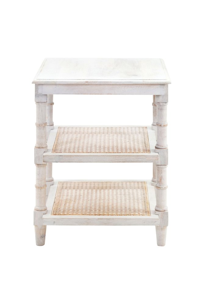 24" Antiqued White Solid Wood End Table With Two Shelves