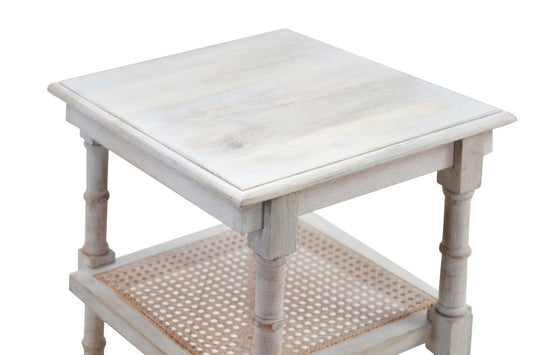 24" Antiqued White Solid Wood End Table With Two Shelves