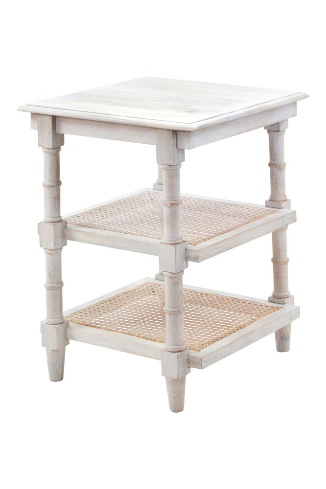 24" Antiqued White Solid Wood End Table With Two Shelves