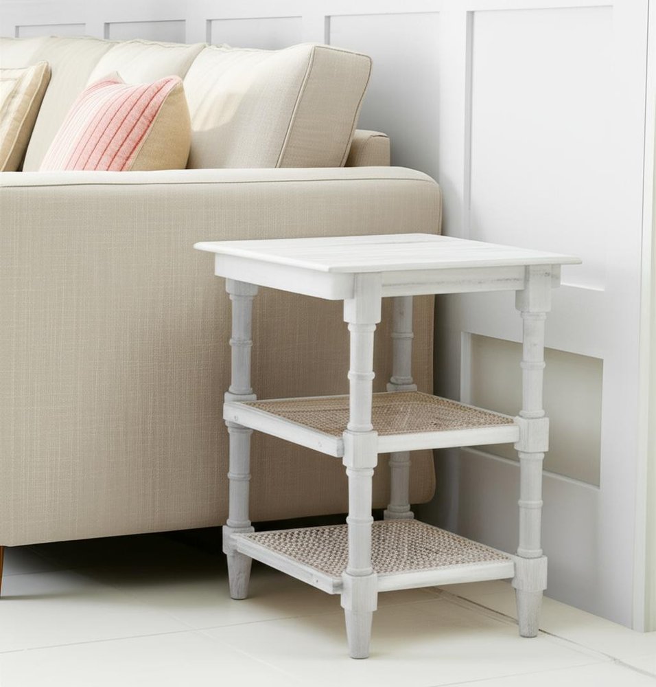 24" Antiqued White Solid Wood End Table With Two Shelves