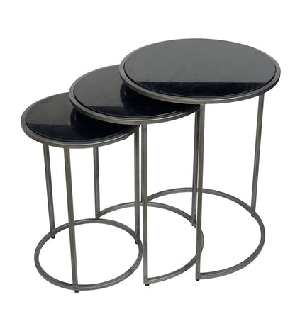 Set of Three Black and Gray Marble and Iron Round Frame Nested Tables